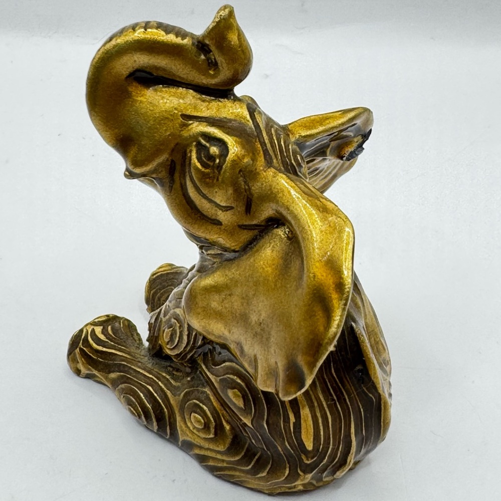 3" Vintage Brass Sitting Elephant Figurine Trunk Up Paperweight Etched Adorable